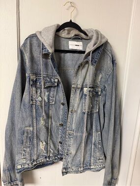 Style & Co. Light Blue Distressed Denim Jacket with Grey Hood